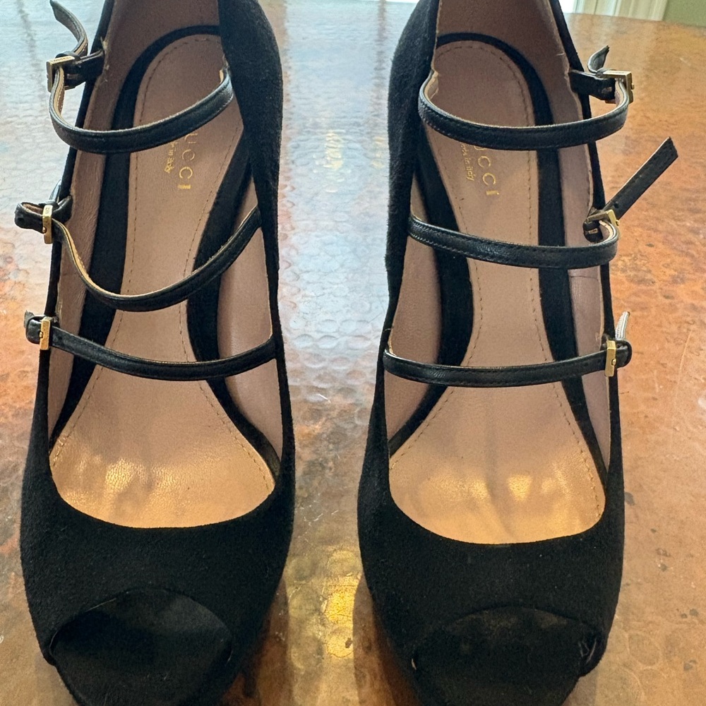 Gucci EUR 39.5 US 9.5 Black Suede 3 Straps Open Toe Platform Heel 5 Inch
